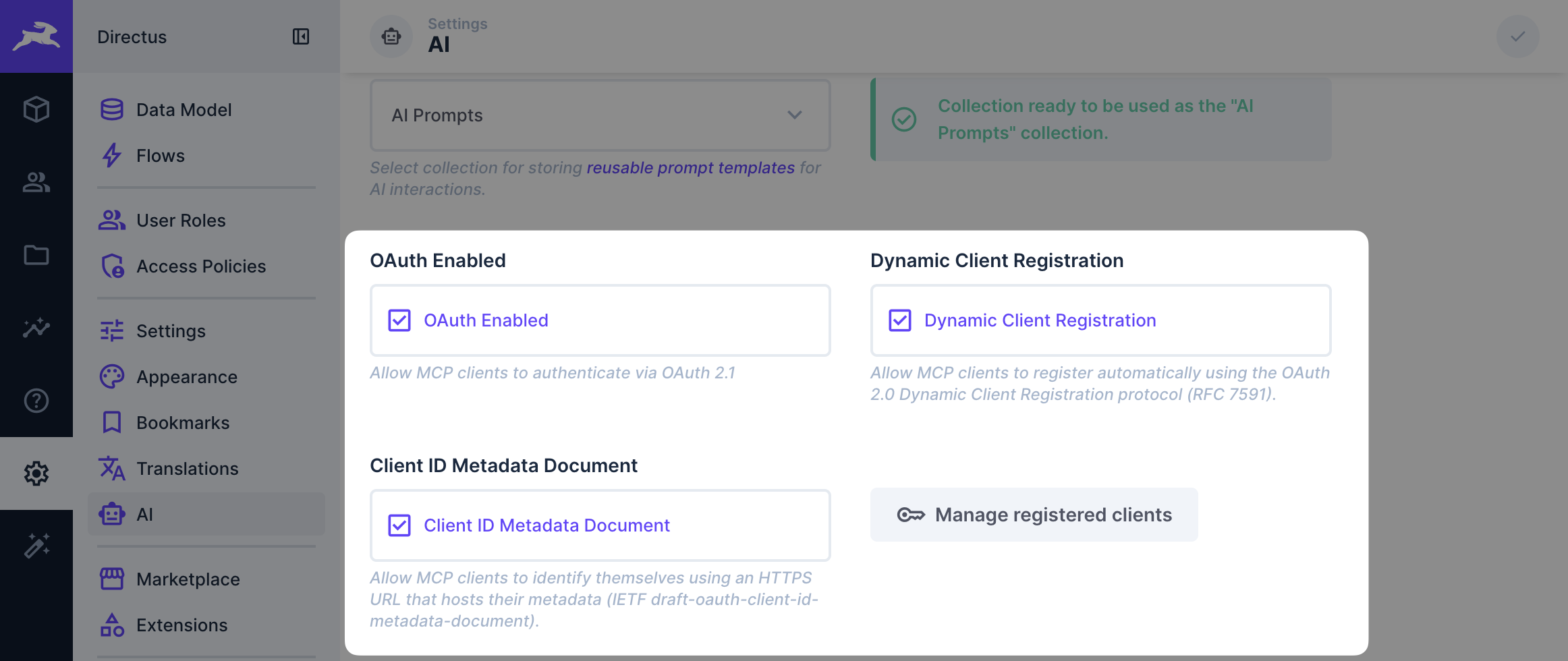 MCP OAuth settings with OAuth, Dynamic Client Registration, and Client ID Metadata Document enabled